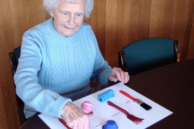 Lady matching objects to pictures